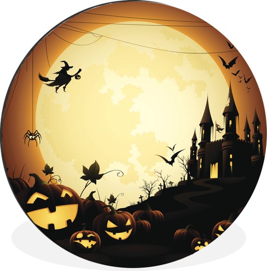 WallCircle - Wandcirkel - Muurcirkel - Een illustratie van een kasteel met heksen en pompoenen tijdens Halloween - Aluminium - Dibond - ⌀ 90 cm - Binnen en Buiten