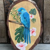 Vogel op boomschijf - 100% handgeschilderd -  33x18cm - schilderij op hout - YM-art