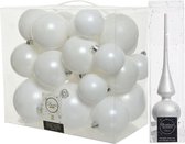 Kerstversiering kunststof kerstballen winter wit 6-8-10 cm pakket van 27x stuks - Met glazen mat piek van 26 cm