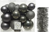 Kerstversiering kunststof kerstballen 6-8-10 cm met folieslingers pakket antraciet van 28x stuks - Kerstboomversiering