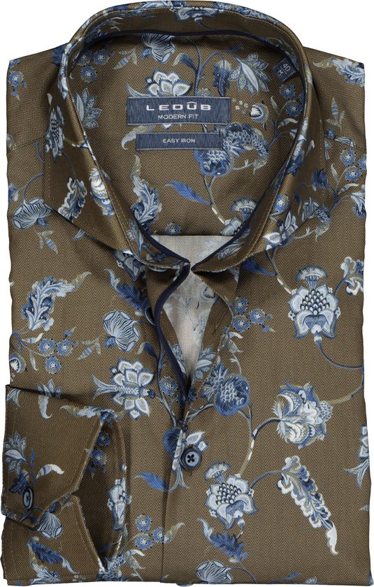 Ledub Modern Fit overhemd - lichtgroen met blauw dessin (contrast) - Strijkvriendelijk - Boordmaat: 38