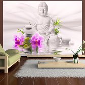 Zelfklevend fotobehang - Boeddha en paarse orchideeën, 8 maten, premium print