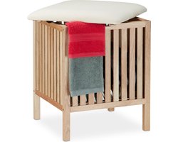 wasmand kruk - badkamerkruk - 40 liter - 51 x 41 x 41 cm - hout - naturel-wit