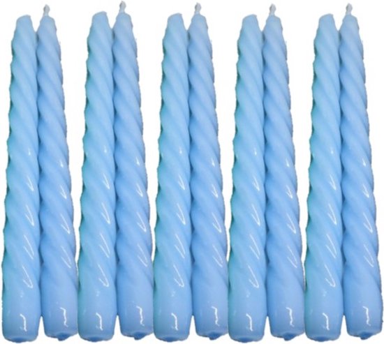 10 stuks blauw glanzend gelakte spiraal dinerkaarsen - twisted candles 230/22 (7 uur)