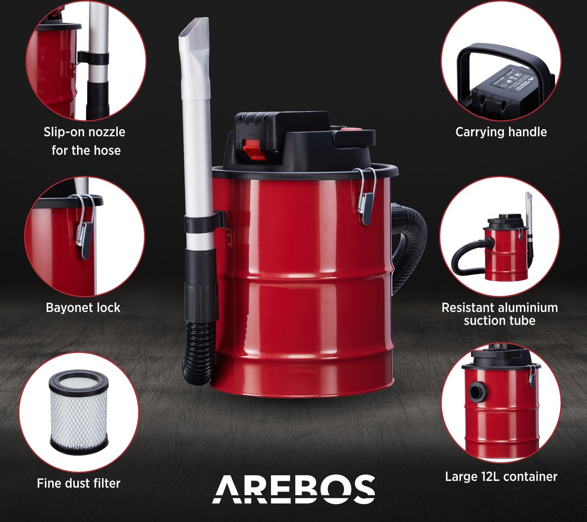 AREBOS Aspirateur à Cendres de cheminée avec Batterie 1200W / 12L / INCL.  Filtre HEPA/Fonction d'aspiration et de soufflage/Tuyau d'aspiration  renforcé en métal : : Cuisine et Maison