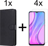 Xiaomi Redmi 9C hoesje bookcase met pasjeshouder zwart wallet portemonnee book case cover - 4x Xiaomi Redmi 9C screenprotector