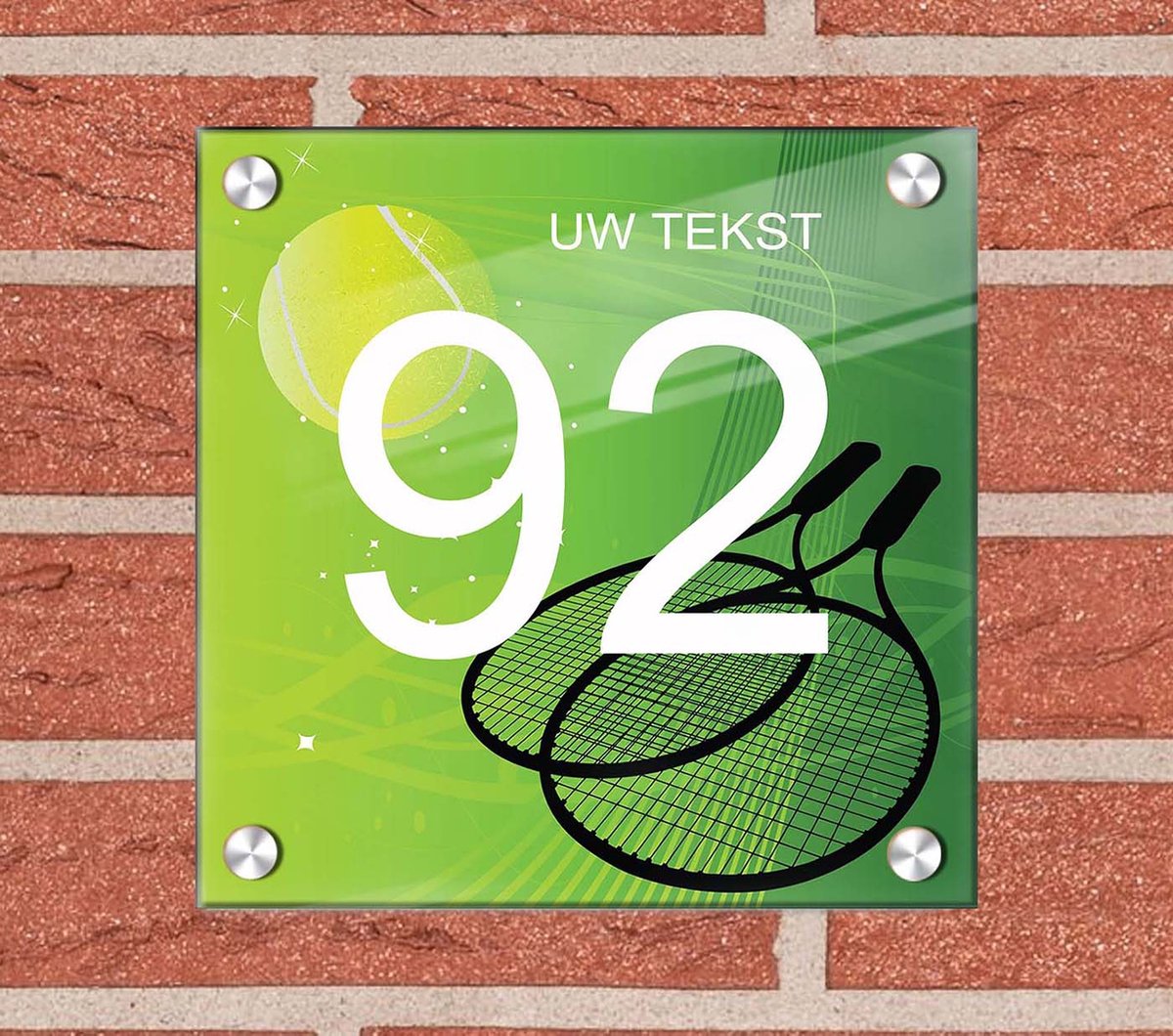 Huisnummer naambord plexiglas 20x20x0,5cm Tennis design - met naam bedrukken Huisnummerbordjes, Naambordje voordeur, naamplaatje voordeur, huisnummer bord, huisnummer borden