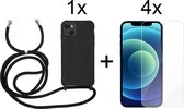 iPhone 13 hoesje met koord zwart siliconen case - 4x iPhone 13 screenprotector
