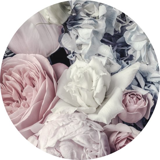 Tizato - Wall Circle Fleurs Rose et Witte Rose – Sticker Muursticker Circle Sticker – Ø 146 cm