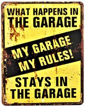 2D vintage metalen bord "My garage, my rules! " 20x25cm