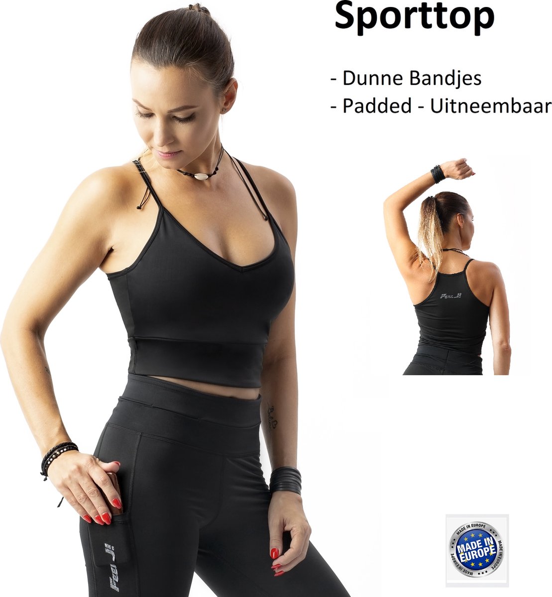 Feelj Sporttop Padded - Dunne Bandjes en uitneembare cups - Zwart M