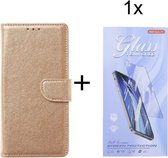 Bookcase Geschikt voor: OnePlus 8T / OnePlus 8T 5G - Goud - portemonnee hoesje met 1 stuk Glas Screen protector
