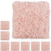 Relaxdays sierkussen roze - 8 fluffy kussens - bankkussen - harig woonkussentje - 45 x 45