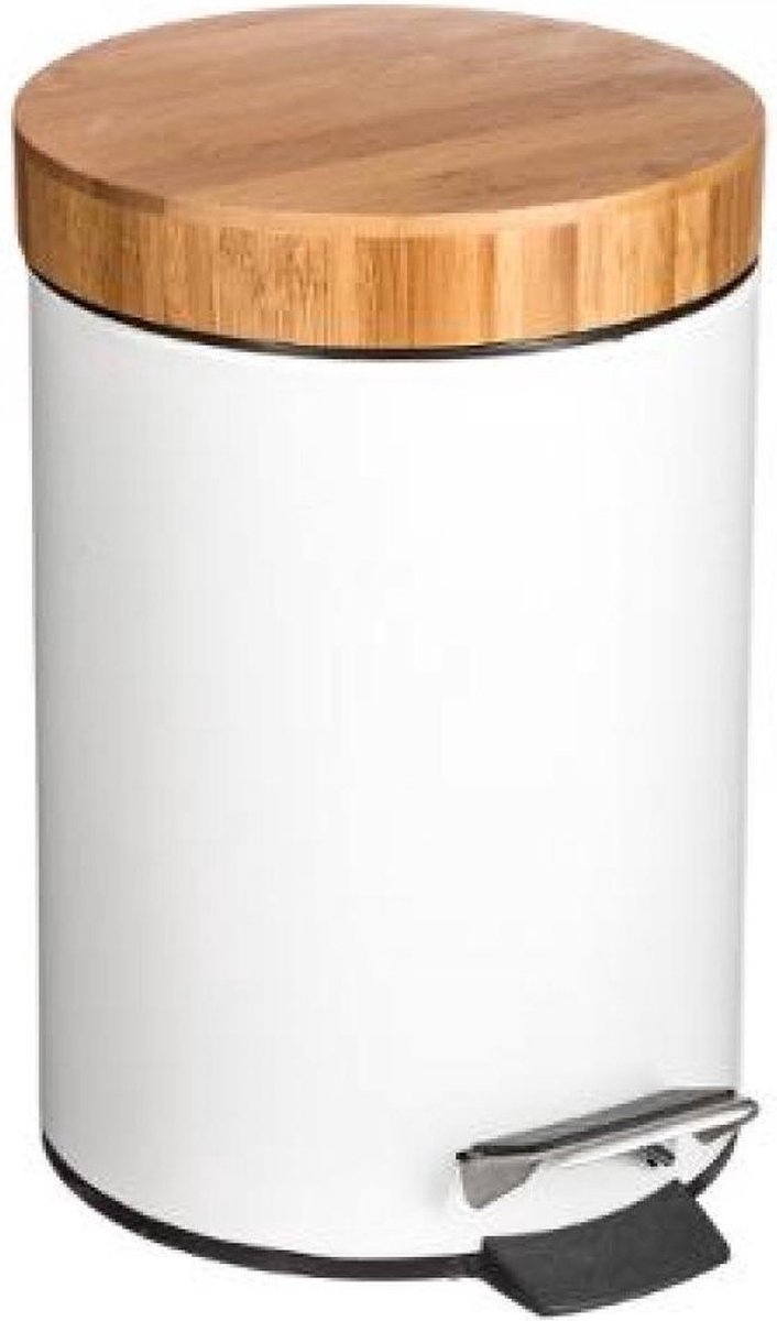 Stijlvolle prullenbak met bamboe deksel – Wit / hout – Klein formaat - 3L - badkamer / wc / keuken / kantoor prullenbak