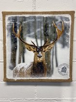 Schilderij Hert op jute doek - winter - 30x30x1.5cm - MDF frame - met ophangsysteem