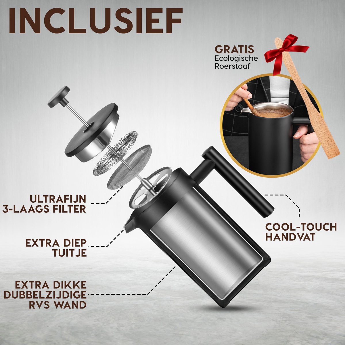 Maevory French Press Koffiemaker - Cafetière - Dubbelwandig - RVS - 1L