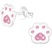 Joy|S - Zilveren kat hond dierenpoot oorbellen - 8 x 7 mm - poot afdruk - wit met roze