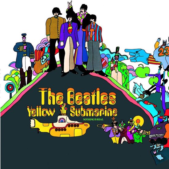 Albumhoes van The Beatles "Yellow Submarine" met de bandleden bovenop een gele onderzeeër, omringd door kleurrijke figuren en het logo.