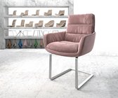 Gestoffeerde-stoel Abelia-Flex met armleuning sledemodel vlak roestvrij staal fluweel rosé