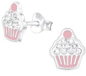 Joy|S - Zilveren cupcake oorbellen - 8 x 9 mm - roze wit - kristal