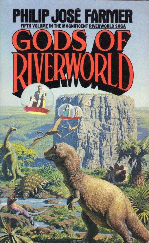 Boekomslag: Gods of Riverworld, met dinosaurussen en prehistorische landschappen. Met de tekst 'Gods of Riverworld'.