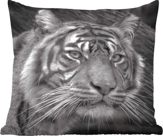 Sierkussens - Kussen - Van dichtbij weergegeven tijger in zwart/wit - 60x60 cm - Kussen van katoen
