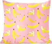 Sierkussens - Kussen - Vele geschilde en ongeschilde tropische bananen op een roze achtergrond - 50x50 cm - Kussen van katoen