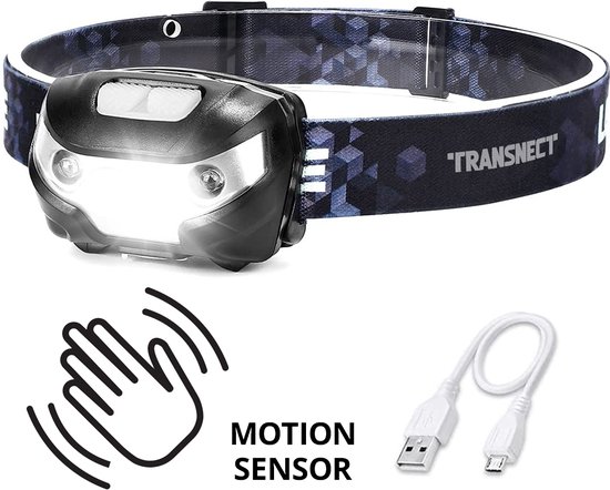 Transnect - Hoofdlamp LED Oplaadbaar - met Bewegingsdetectie - 150 Lumen – 30h - Inclusief Batterij - Waterdicht - voor Camping, Wandelen met Hond, Noodgeval