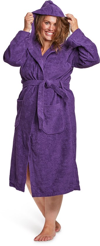 Dames badjas paars - badjas badstof katoen - sauna badjas met capuchon - badjas dames - Badrock - maat 3XL