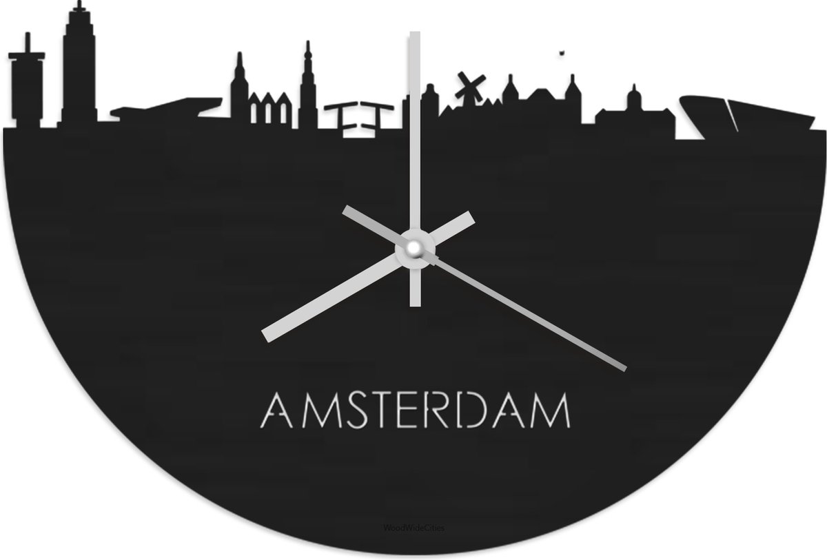 Skyline Klok Amsterdam Zwart hout - Ø 40 cm - Stil uurwerk - Wanddecoratie - Meer steden beschikbaar - Woonkamer idee - Woondecoratie - City Art - Steden kunst - Cadeau voor hem - Cadeau voor haar - Jubileum - Trouwerij - Housewarming -