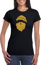 Kerstman hoofd Kerst t-shirt - zwart met gouden glitter bedrukking - dames - Kerstkleding / Kerst outfit S