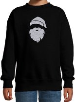 Kerstman hoofd Kerstsweater - zwart met zilveren glitter bedrukking - kinderen - Kersttruien / Kerst outfit 7-8 jaar (122/128)