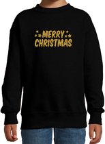 Merry Christmas Kerst sweater / trui - zwart met gouden glitter bedrukking - kinderen - Kerst sweater / Kerst outfit 3-4 jaar (98/104)