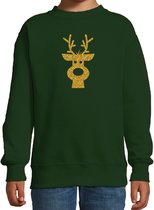 Rendier hoofd Kerstsweater - groen met gouden glitter bedrukking - kinderen - Kersttruien / Kerst outfit 7-8 jaar (122/128)