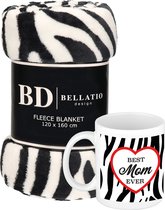 Cadeau moeder set - Fleece plaid/deken zebra print met Best mom ever mok - Mama ontspanning cadeau kerst, moederdag, verjaardag