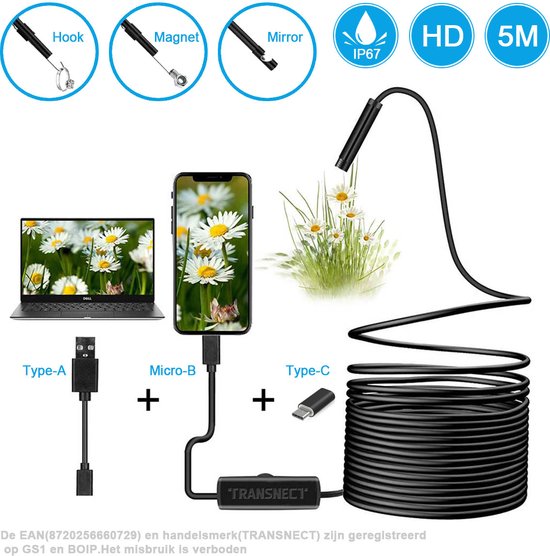 Endoscoop - Inspectiecamera USB - Inspectiegereedschap - 7mm kop - flexibele HD - 5M cabel - waterproof - 6 LED Verlichting - voor PC - Laptop - Android Phone