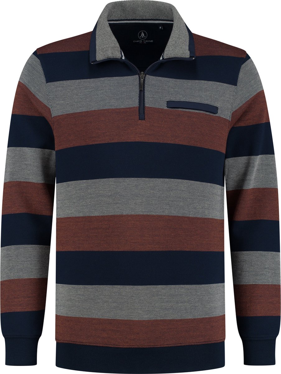 Chris Cayne - Sweater Half Zip - Gemeleerde brede strepen - Heren - Shirt - Navy/Rood/Beige - Maat XL