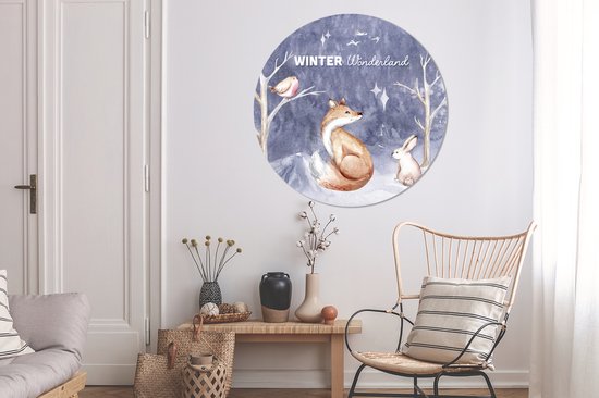 WallCircle - Stickers muraux - Cercle Papier Peint - Hiver - Neige - Renard - 120x120 cm - Cercle Mural - Auto Adhésif - Sticker Papier Peint Rond XXL