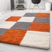 Oranje Tapijt Hoogpolig Vloerkleed Blokjes - 60x110cm- Modern - Woonkamer - Salon - Slaapkamer - Eetkamer