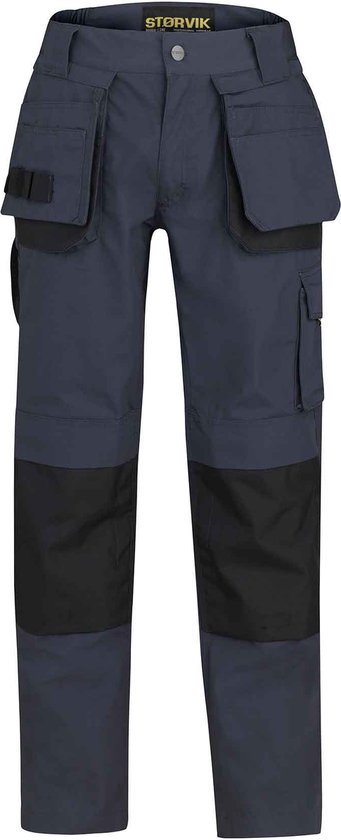 Pantalon de travail bleu foncé avec genoux renforcés noirs et plusieurs poches cargo.