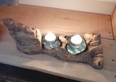 Balivie - Waxinelichtjeshouder - Handgeblazen Druppelglazen Kaarsenhouders - Op Wortelhout - Uit Bali - Ca. 35x14x10cm