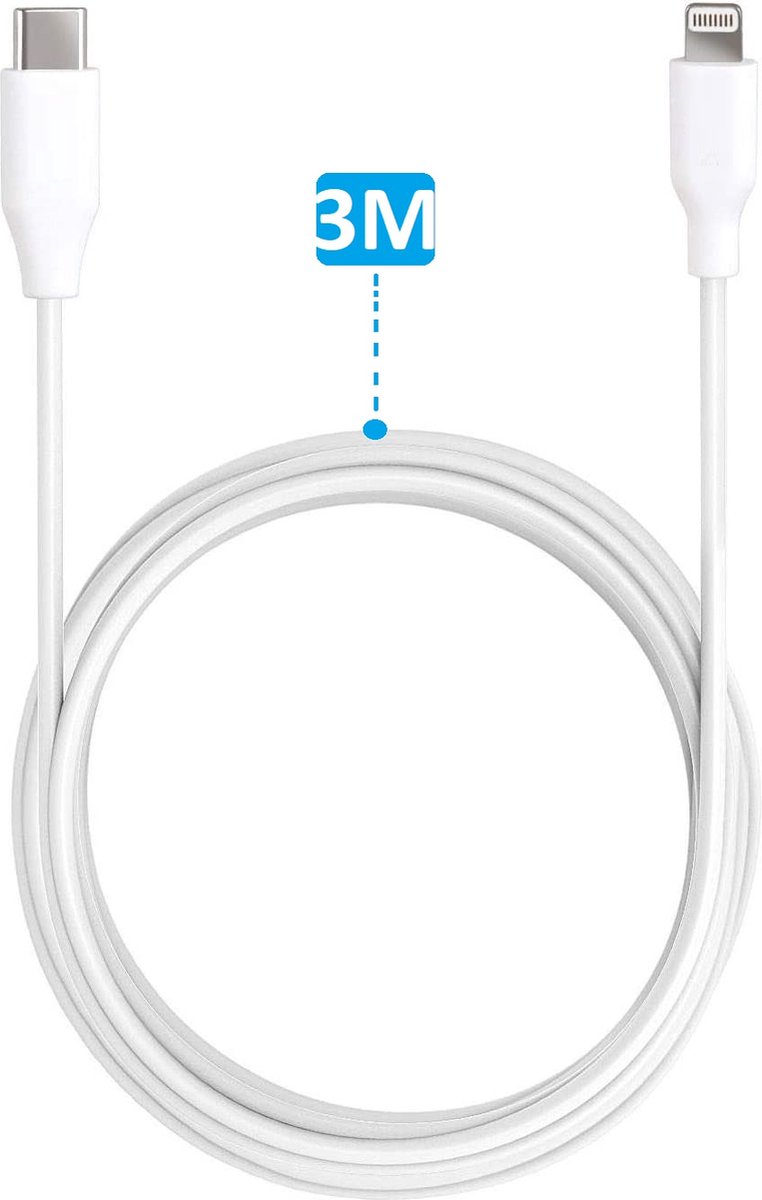 iPhone USB-C oplader kabel - 3 Meter - Geschikt voor Apple iPhone 6,7,8,X,XS,XR,11,12,13,Mini,Pro Max- iPhone kabel USB-C - iPhone oplaadkabel - iPhone snoertje - iPhone lader - Datakabel - Lightning USB-C Kabel - Snellader