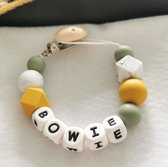 Speenkoord Bowie| Speenkoord personaliseren | Speenketting | oker geel - oud groen - marble  | Speenclip | Tante Mi