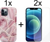 iPhone 13 Pro hoesje marmer roze siliconen case apple hoes cover hoesjes - 2x iPhone 13 Pro Screenprotector