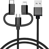 iMoshion Kabel - USB C,Micro-USB,Geschikt voor Lightning naar USB A Kabel - 1.5 meter - Snellader - Oplaadkabel geschikt voor iPhone 11/12/13/14 - Stevig gevlochten materiaal - Zwart