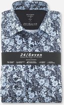 OLYMP Level 5 24/Seven body fit overhemd - blauw gebloemd tricot - Strijkvriendelijk - Boordmaat: 43