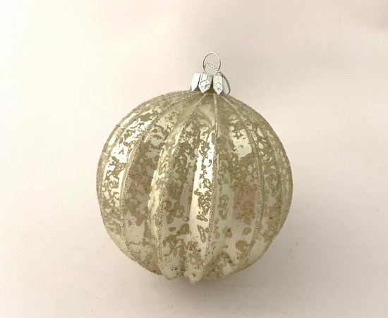 J-Line Kerstbal gestreept glanzend wit/beige 10cm (4 stuks)