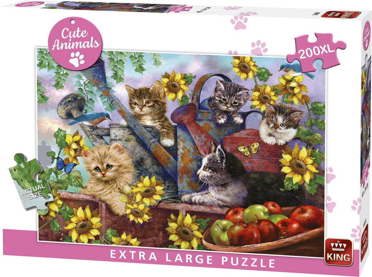 King Puzzel 200 Stukjes XL - Poezen in de Tuin - Cute Animal - Dierenpuzzel met Grote Stukjes