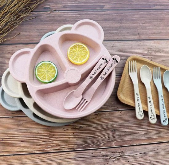 Babyloe - baby - beervorm - Roze - BPA vrij - bord 3-delig - baby servies van Babyloe — afbeelding 2