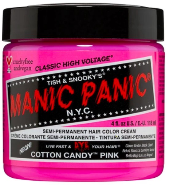 Een potje Manic Panic Cotton Candy Pink haarverf met het vegan-logo.